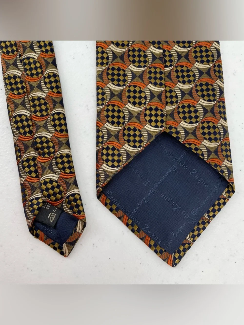 Ermenegildo Zegna Checkboard Circular Geometric Italian Made Woven Silk Tie Work
